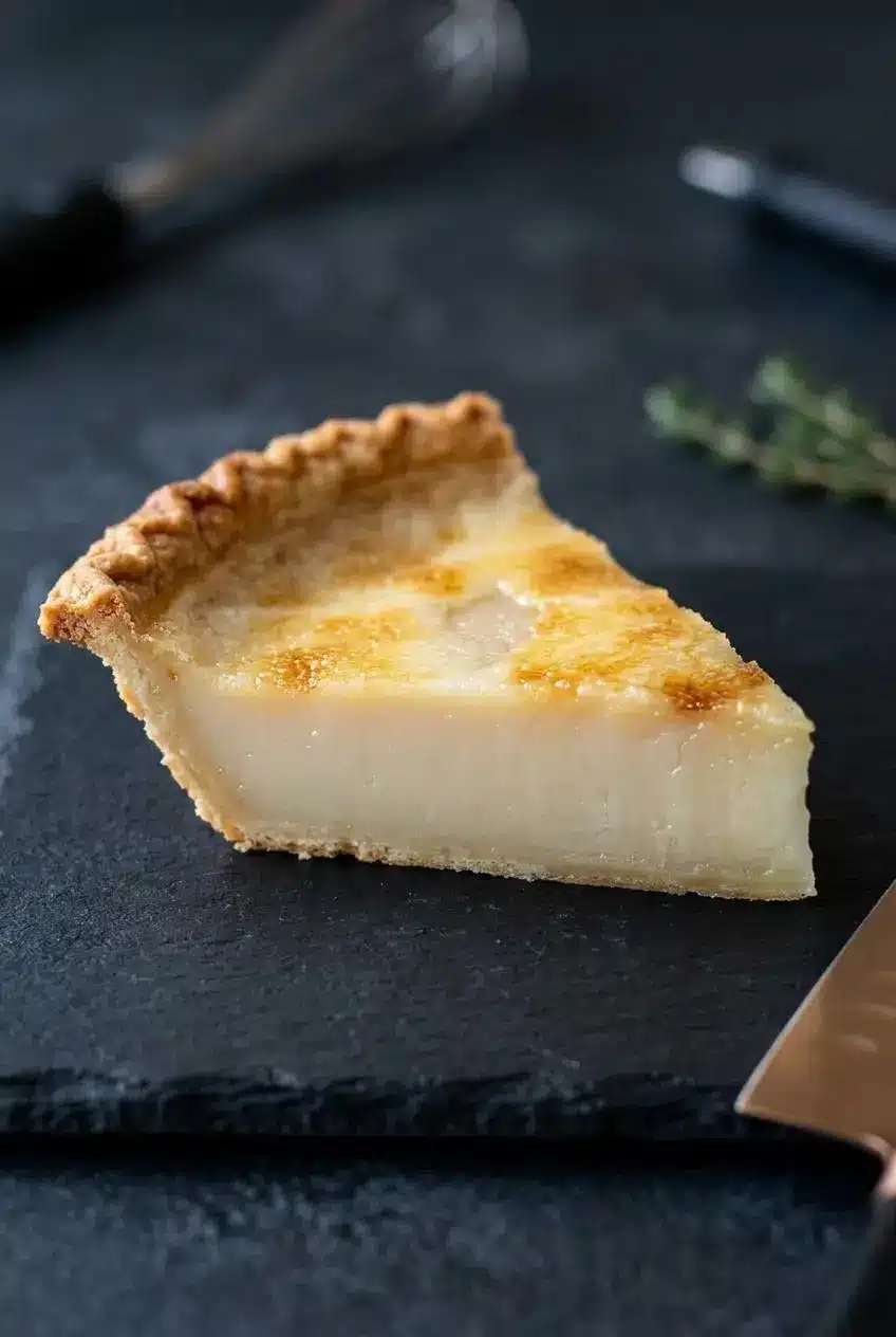 Cleanly cut slice of chilled water pie revealing smooth translucent custard and flaky crust