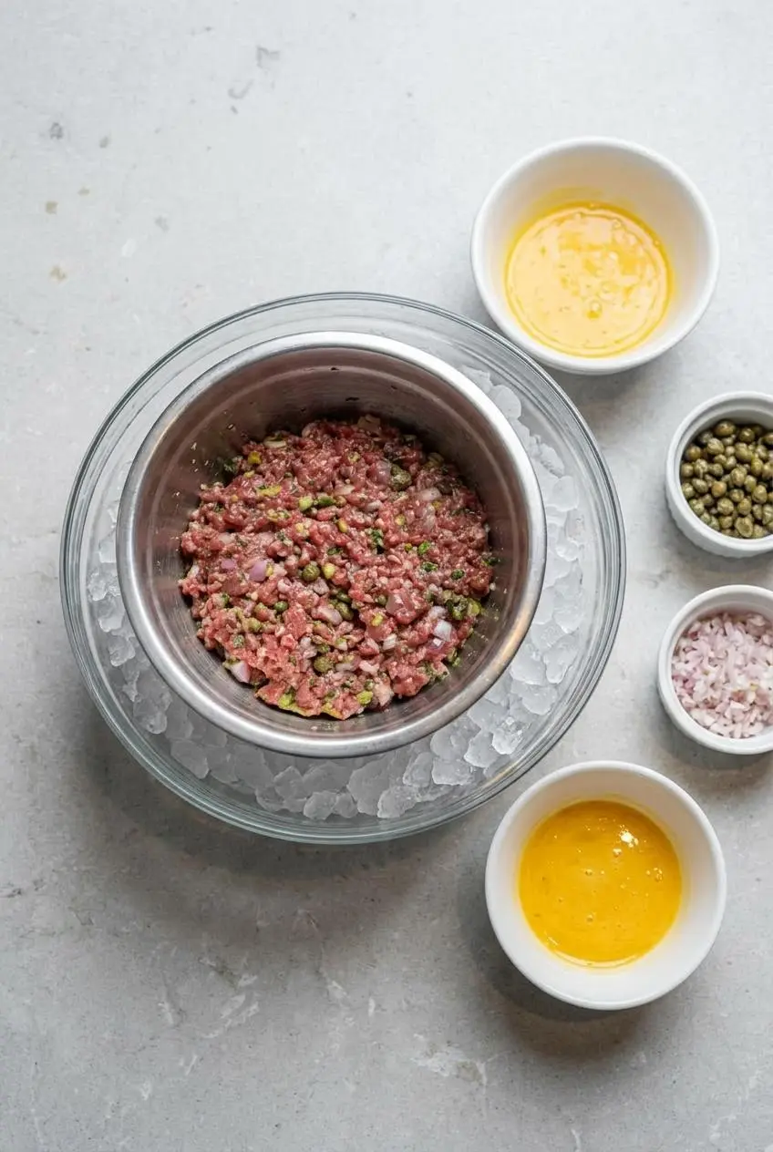 Chilled bowl of diced raw beef resting on crushed ice next to whisked egg yolk dressing.