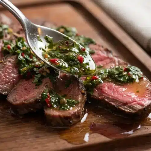 Sliced chimichurri steak with a deeply caramelized crust and bright green herb sauce on a serving platter.