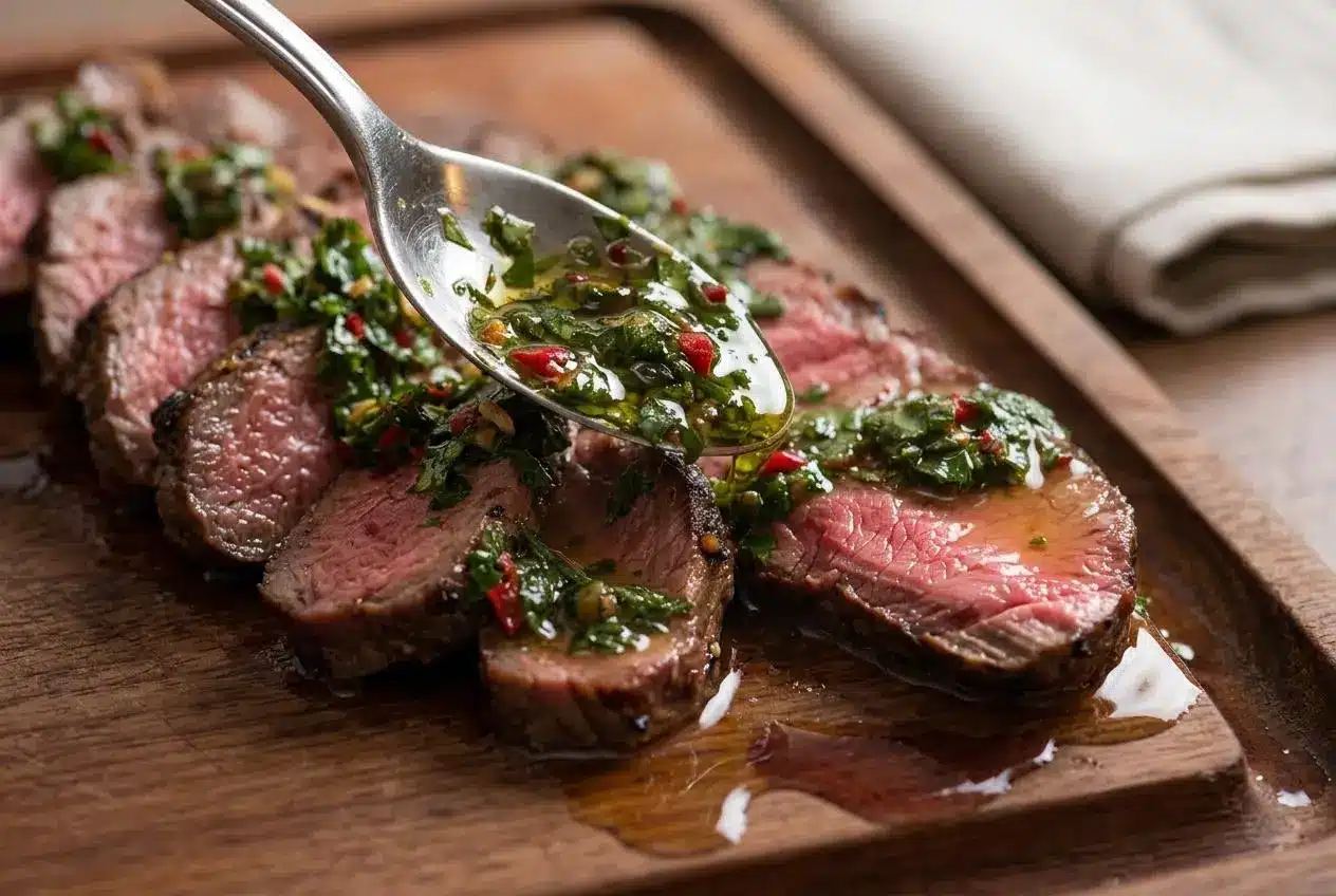 Sliced chimichurri steak with a deeply caramelized crust and bright green herb sauce on a serving platter.