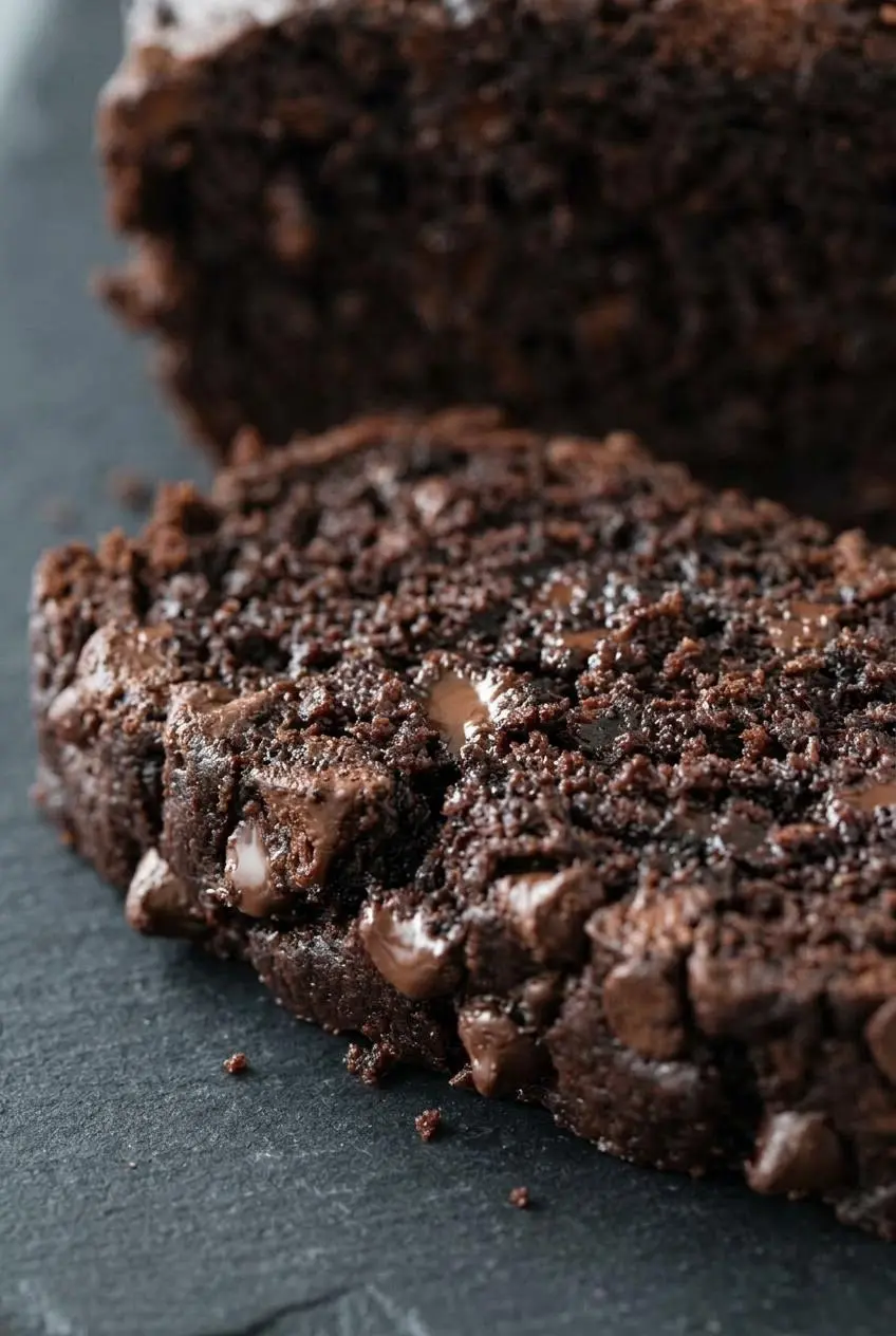 Close up of a thick slice of chocolate banana bread showing a moist, tender crumb and melted chocolate chips.