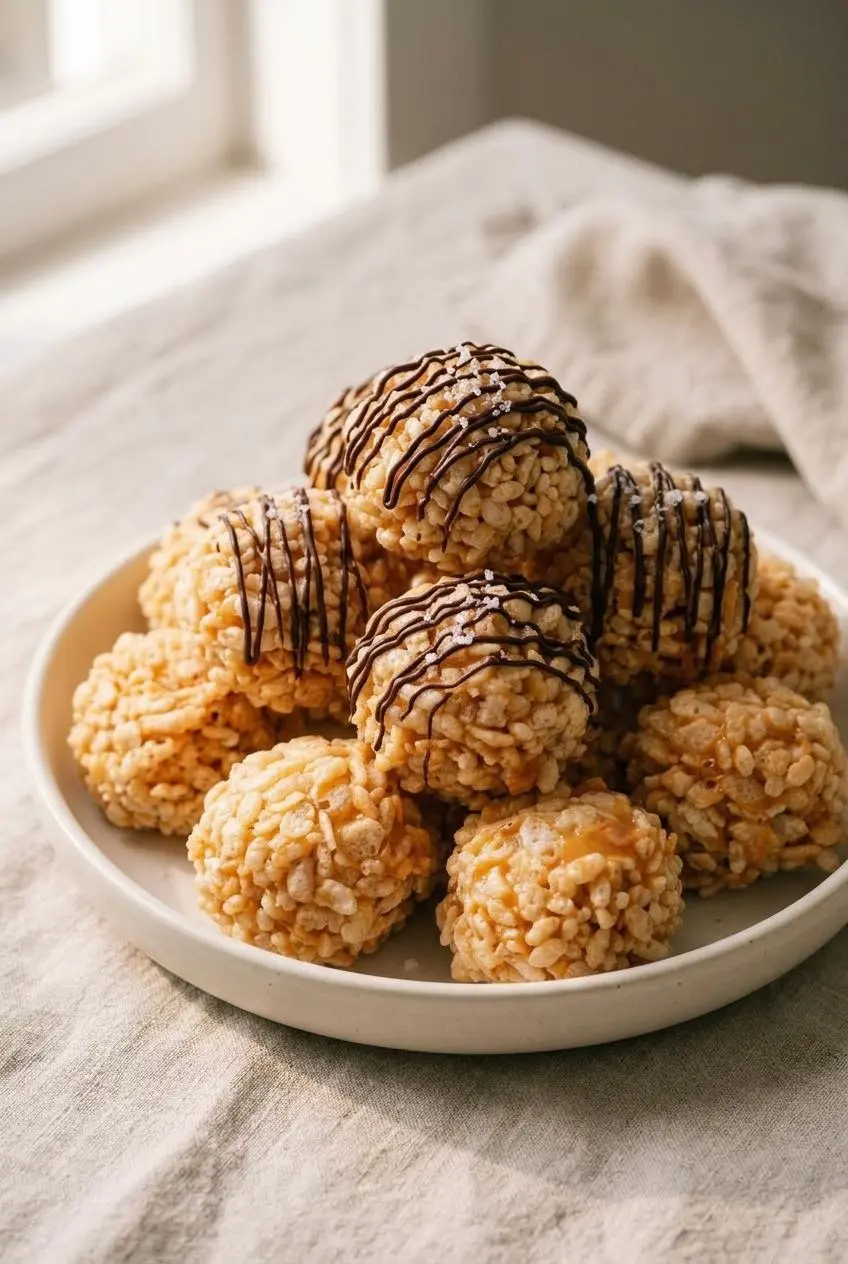 Platter of caramel marshmallow rice krispie treats drizzled with dark chocolate and sea salt flakes.