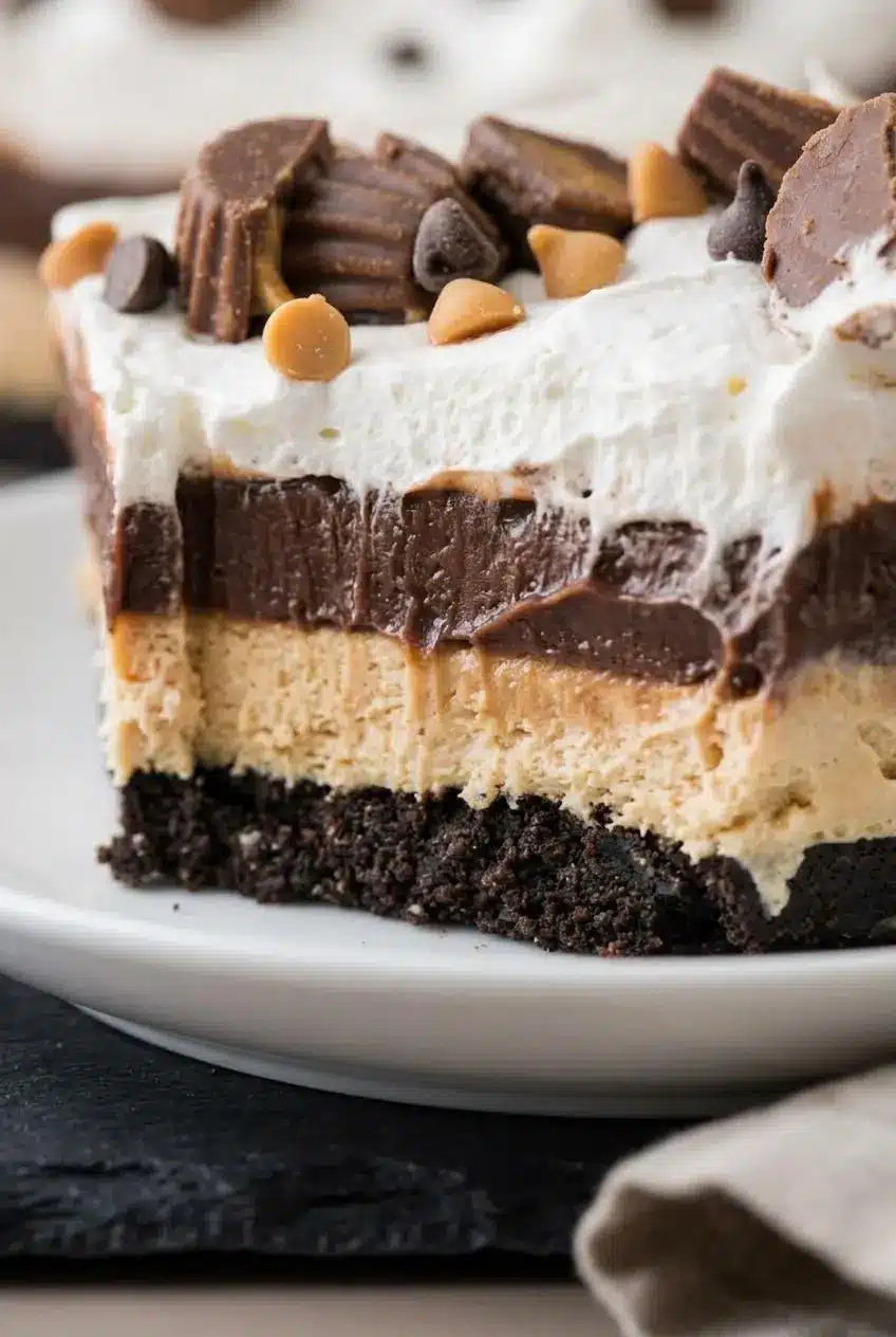 Cross section of dessert layers showing firm cookie crust, silky peanut butter mousse, and thick pudding.