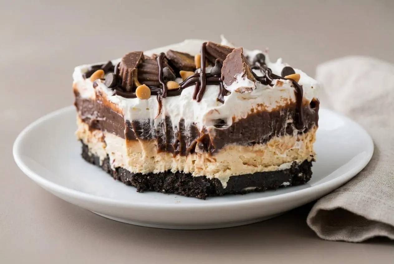 Chocolate peanut butter lasagna with fluffy mousse, rich pudding, and a glossy chocolate drizzle.