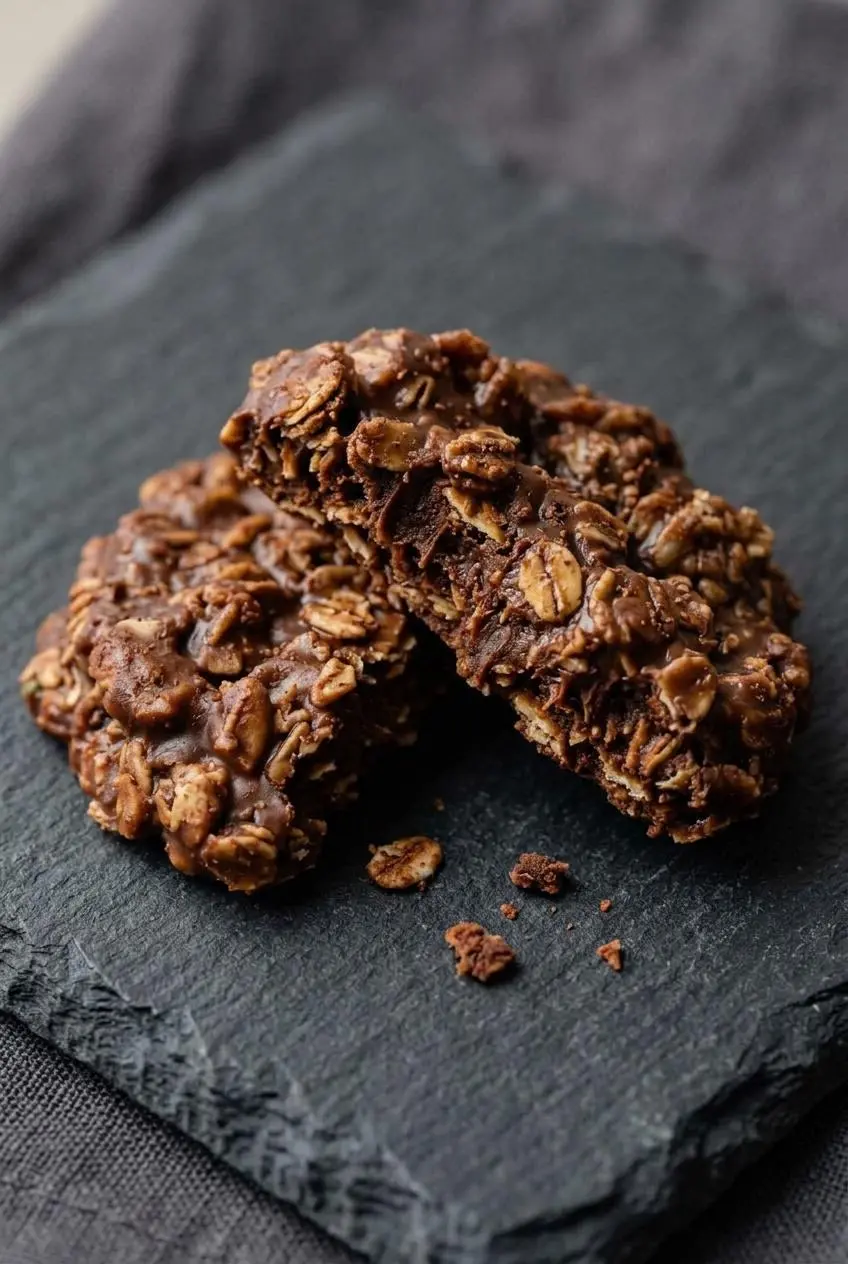 Broken chocolate peanut butter no bake cookie displaying a dense, fudgy center filled with rolled oats.