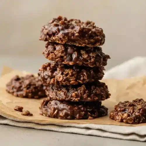 Fudgy chocolate peanut butter no bake cookies with a rich matte finish and rolled oats.