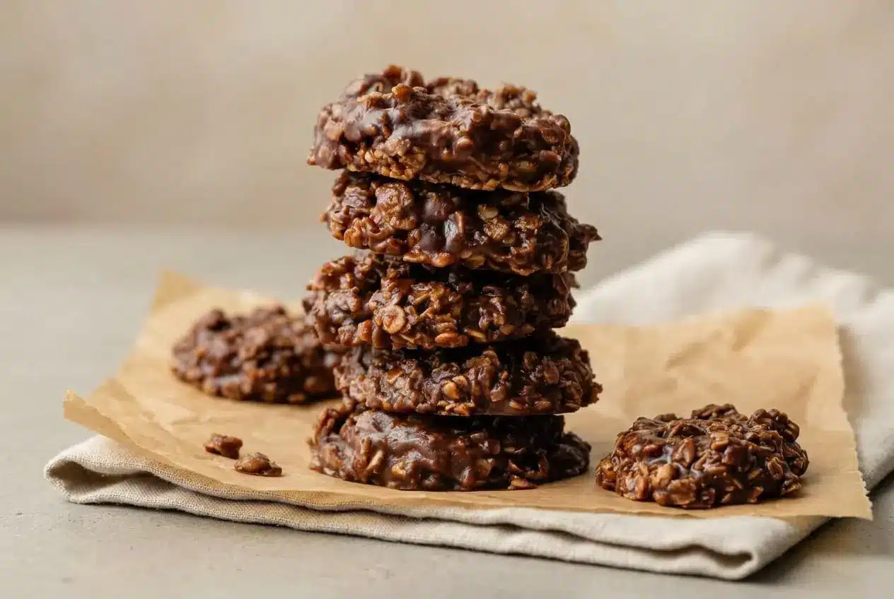 Fudgy chocolate peanut butter no bake cookies with a rich matte finish and rolled oats.