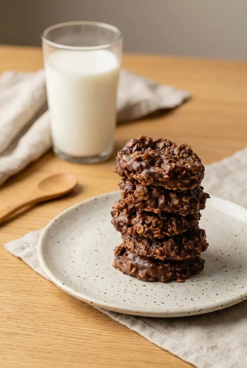 Plate of chocolate peanut butter no bake cookies served beside a glass of cold milk.