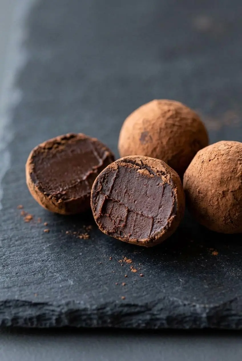 Sliced chocolate truffle revealing a dense, velvety ganache interior next to cocoa-dusted truffles.