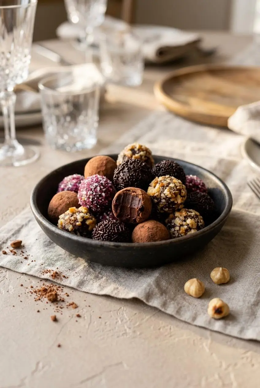 Serving platter of chocolate truffles coated in cocoa powder, toasted hazelnuts, and chopped pistachios.