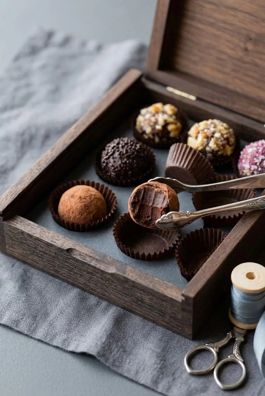 Handmade cocoa-dusted chocolate truffles resting in mini paper candy cups inside a gift box.