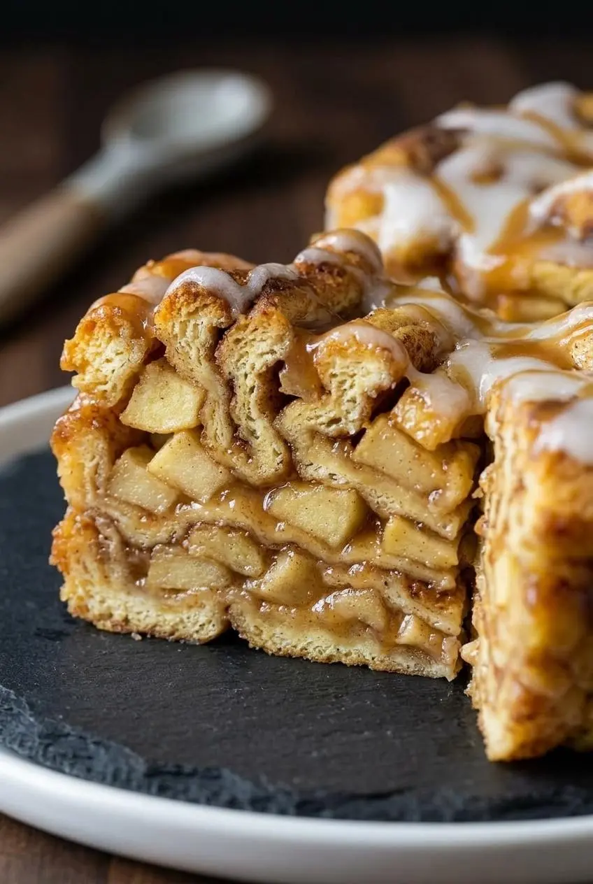 Cross section of baked dessert lasagna showing tender cinnamon roll pastry and glistening spiced apples.