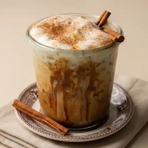 Cinnamon roll latte in a glass mug topped with glossy microfoam and a dusting of ground cinnamon.