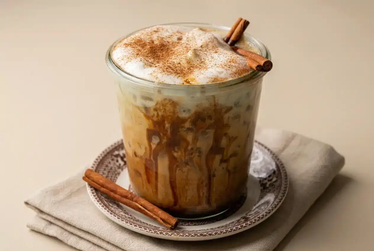 Cinnamon roll latte in a glass mug topped with glossy microfoam and a dusting of ground cinnamon.