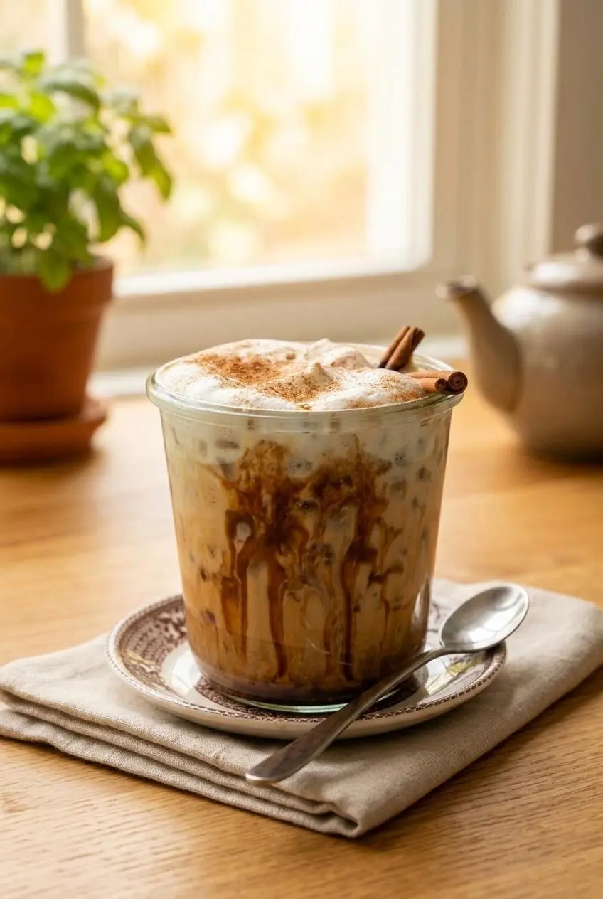 Iced cinnamon roll latte with espresso swirls, cold foam, and cinnamon on a sunny wooden table.