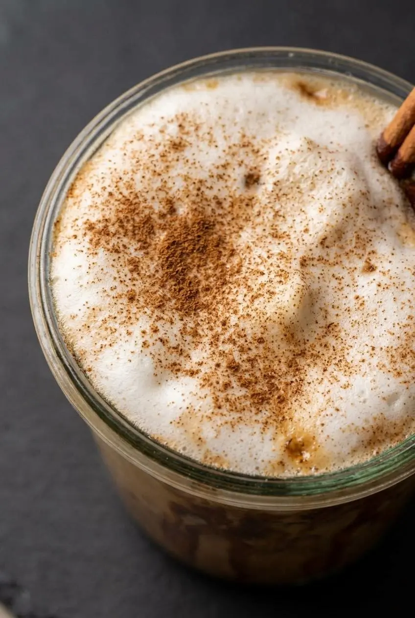 Close-up of smooth, glossy microfoam on a cinnamon roll latte with fine ground cinnamon dusting.