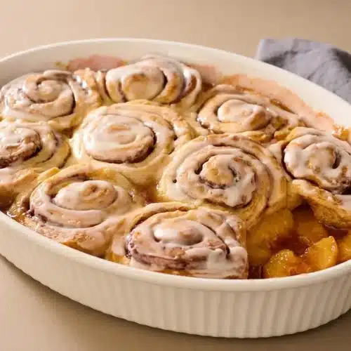 Cinnamon roll peach cobbler with golden baked pastry spirals and glossy spiced peach syrup.