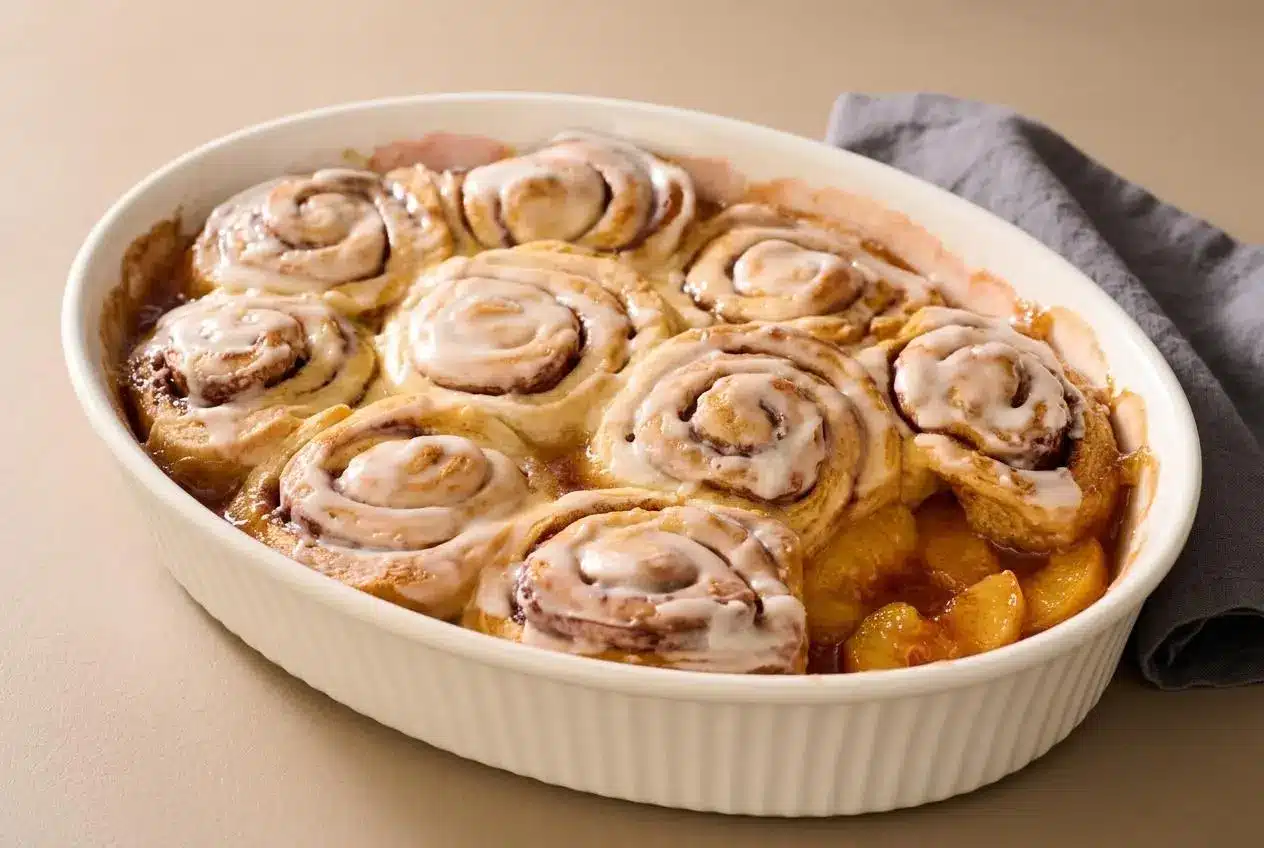 Cinnamon roll peach cobbler with golden baked pastry spirals and glossy spiced peach syrup.