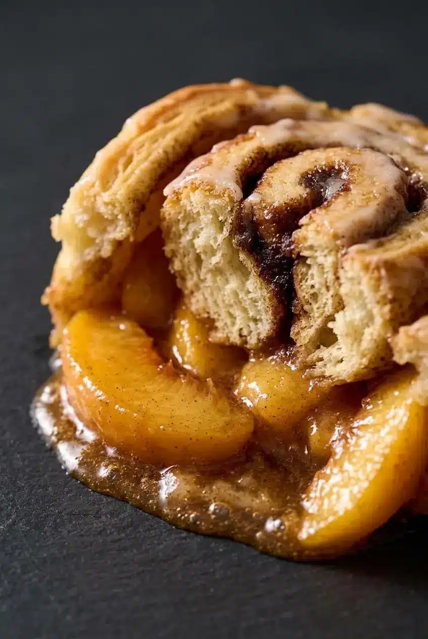 Cross section of baked cinnamon roll cobbler showing fully cooked springy crumb and thick peach filling.