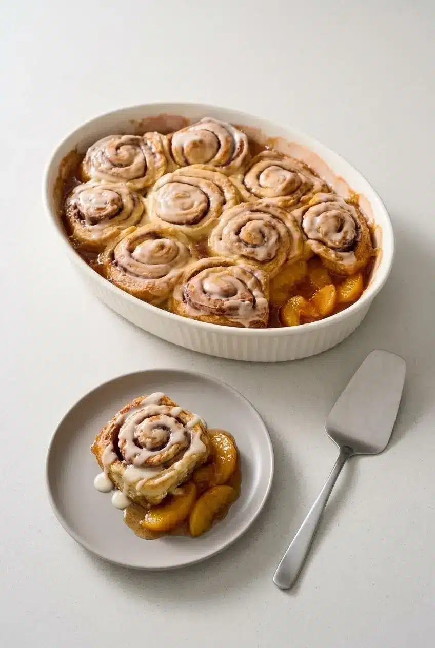 Reheated portion of cinnamon roll peach cobbler on a plate beside the baking dish.