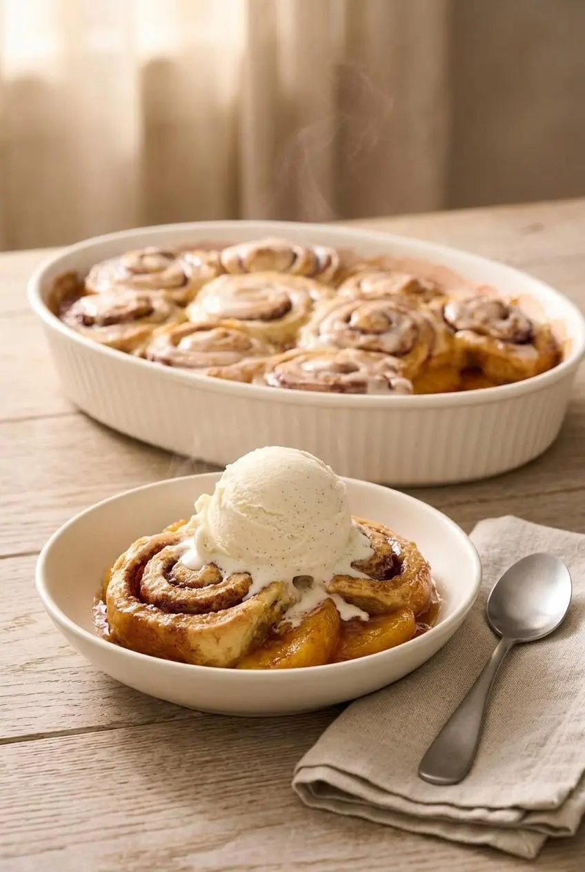 Bowl of warm cinnamon roll peach cobbler topped with melting vanilla bean ice cream.