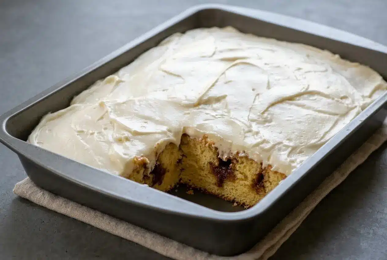 Frosted slice of cinnamon roll poke cake showing gooey brown sugar channels and creamy cream cheese frosting.