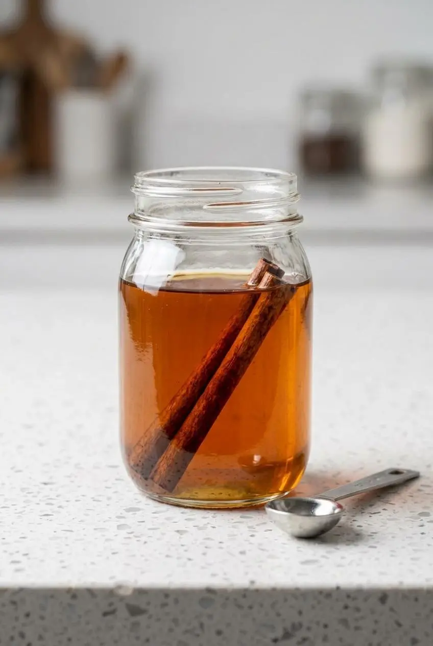Clear glass jar filled with golden-amber cinnamon roll syrup and whole steeping cinnamon sticks.