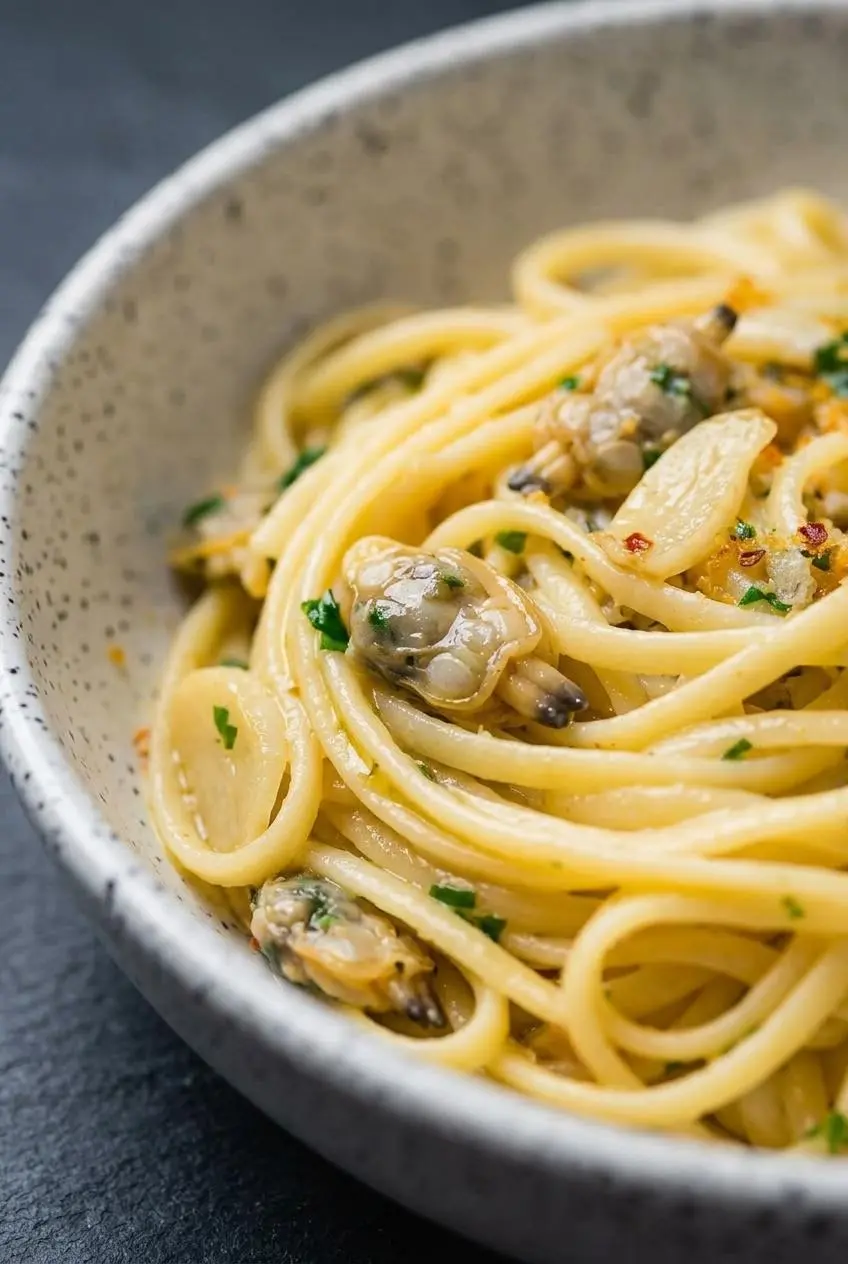 Close-up of glossy clam linguine ribbons coated in an emulsified clam liquor and butter sauce.