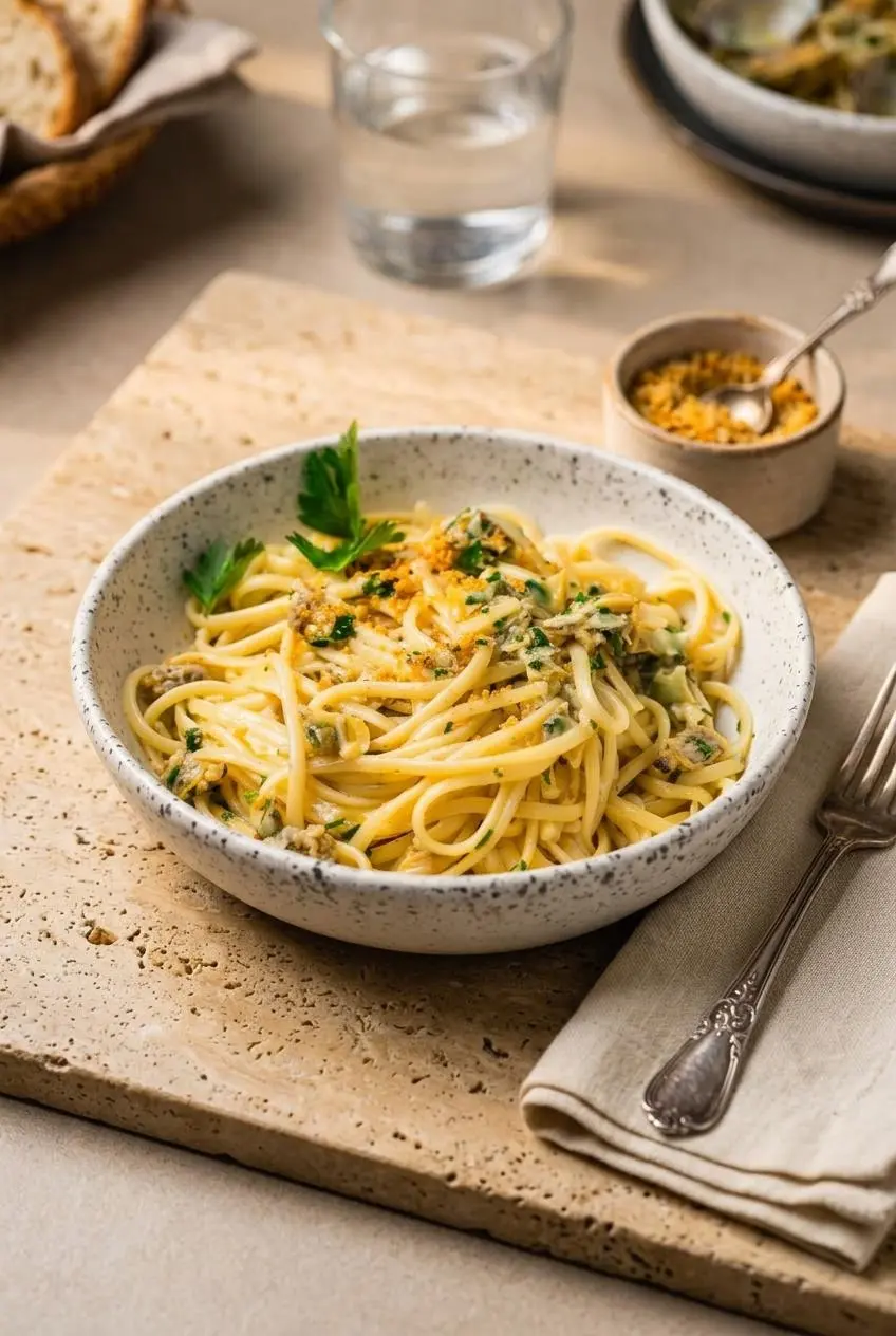 Bowl of clam linguine topped with golden toasted pangrattato breadcrumbs on a travertine table.