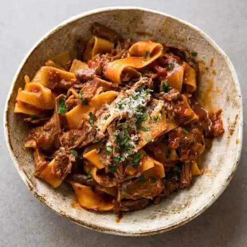 Tender shredded beef ragu coated in a glossy tomato wine sauce served over wide pappardelle ribbons.