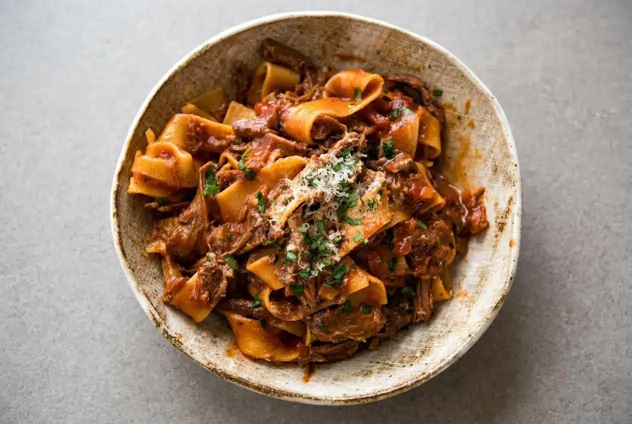 Tender shredded beef ragu coated in a glossy tomato wine sauce served over wide pappardelle ribbons.