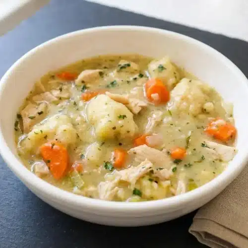 Tender chicken dumpling soup with fluffy drop dumplings, sliced carrots, and fresh parsley in rich broth.