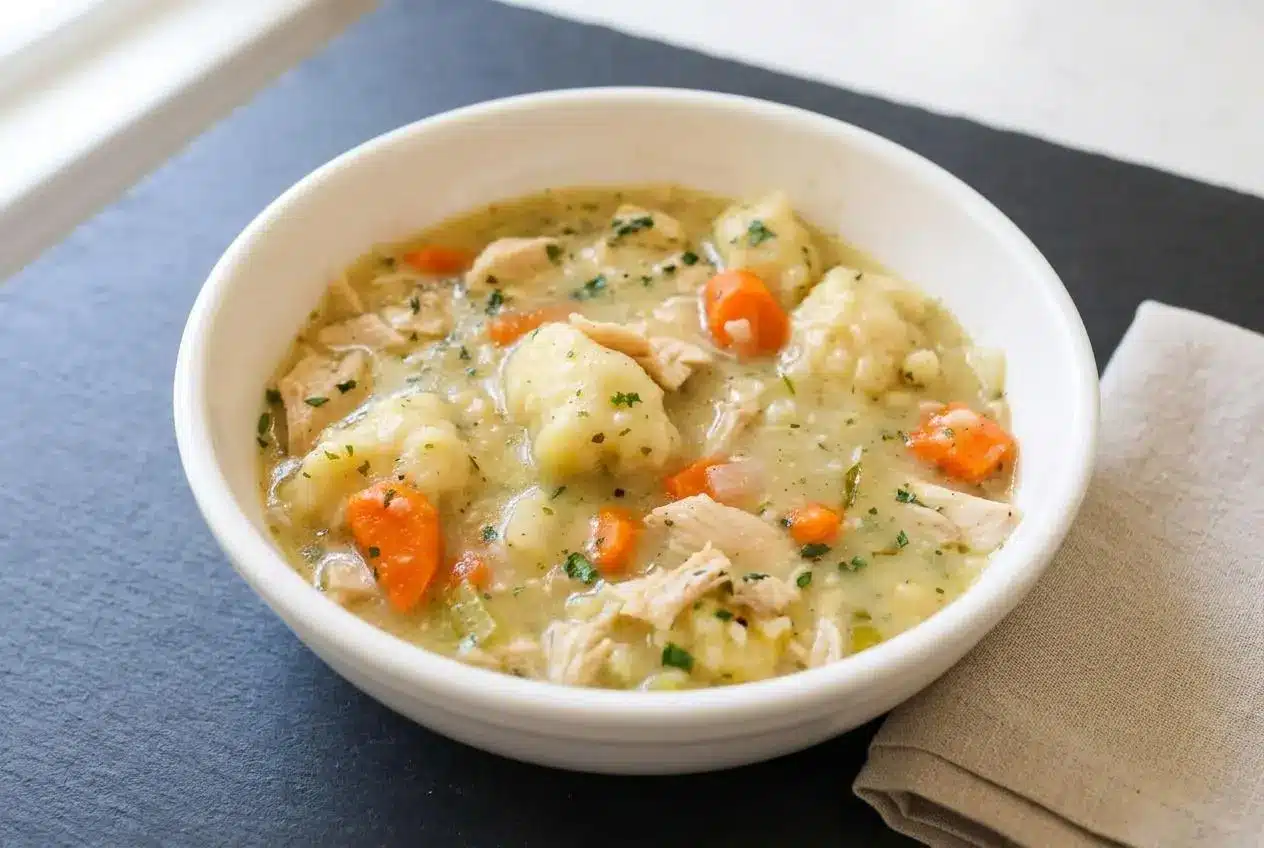 Tender chicken dumpling soup with fluffy drop dumplings, sliced carrots, and fresh parsley in rich broth.