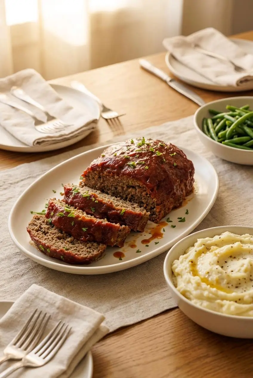 Platter of sliced glazed meatloaf served with mashed potatoes and green beans for family dinner.