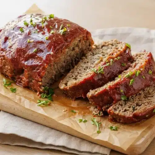 Sliced classic meatloaf recipe topped with a glossy, sweet and tangy ketchup brown sugar glaze.