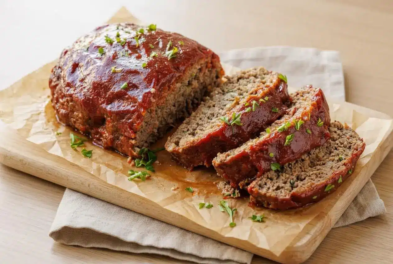 Sliced classic meatloaf recipe topped with a glossy, sweet and tangy ketchup brown sugar glaze.