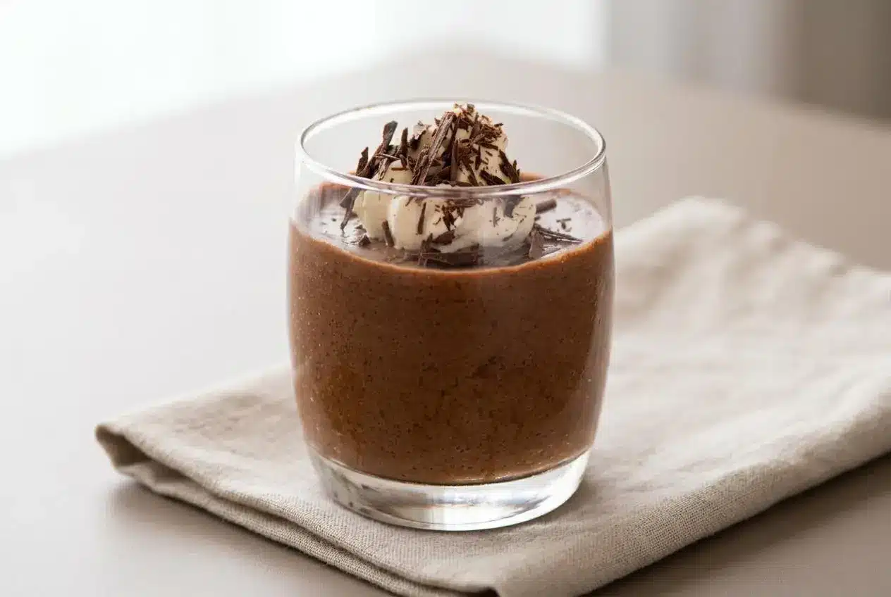 Chilled chocolate mousse in glass cups with a silky texture and shaved dark chocolate.