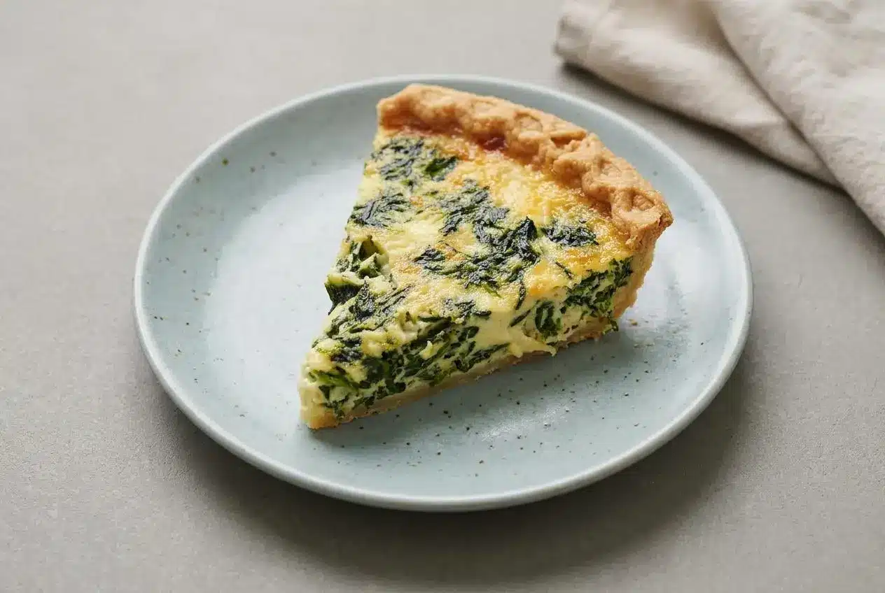 Freshly baked spinach quiche recipe with a golden flaky crust and silky cheese custard filling.