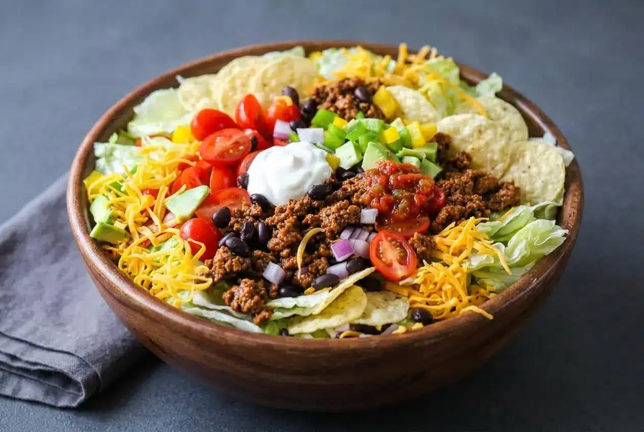 Classic taco salad recipe layered with savory seasoned ground beef, cheddar, creamy avocado, and crunchy tortilla chips.