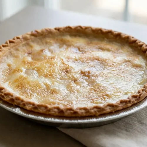 Baked water pie with a glossy golden butter layer and flaked crust in a pie dish