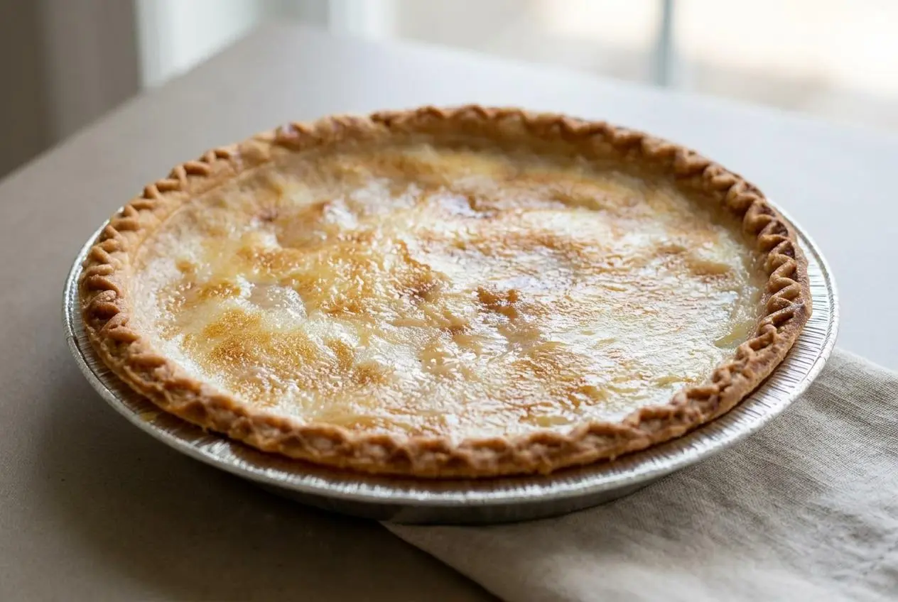 Baked water pie with a glossy golden butter layer and flaked crust in a pie dish