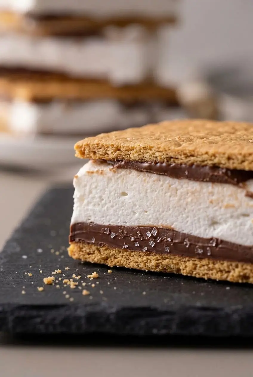 Close-up cross section of a sliced frozen s'more showing clean chocolate edges and sea salt flecks.