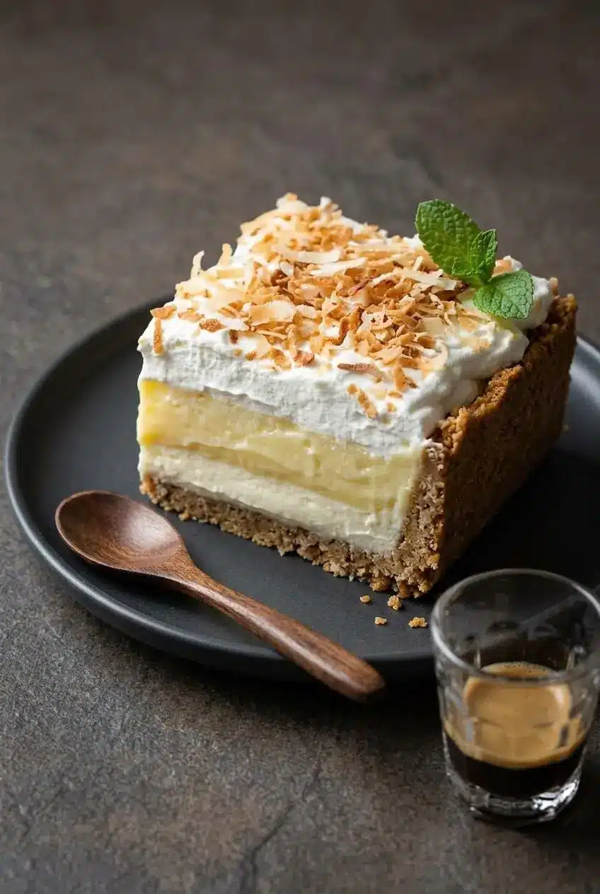 Cross-section of a coconut cream lush square showing defined pudding, cream cheese, and pecan crust layers.