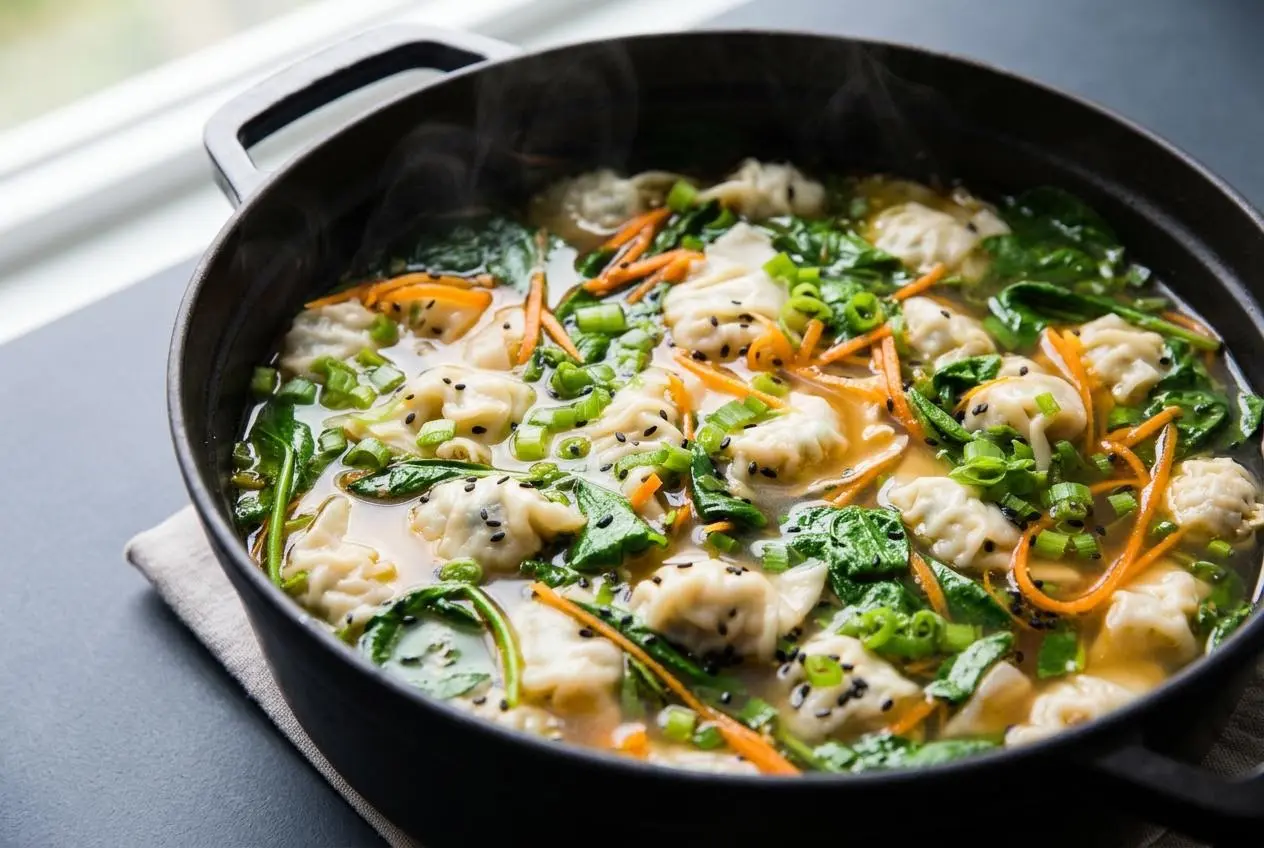 Dumpling soup in savory broth with tender potstickers, julienned carrots, and glossy sesame oil droplets.