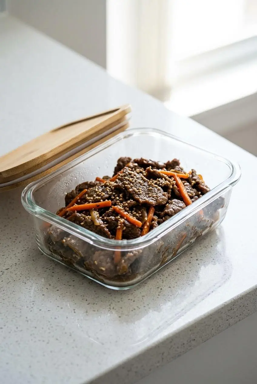 Cooked beef bulgogi with sesame seeds stored in a rectangular glass meal prep container with a bamboo lid.