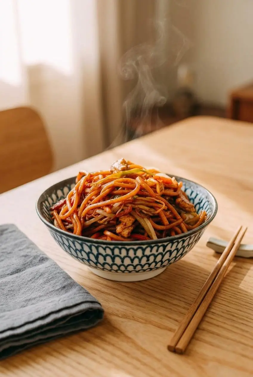 Steaming bowl of chicken lo mein served on a wooden dining table with wooden chopsticks and a linen napkin.