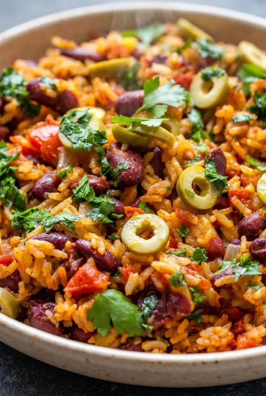 Close-up of fluffy cooked rice and beans showing separate grains coated in smoky paprika oil and parsley drizzle.