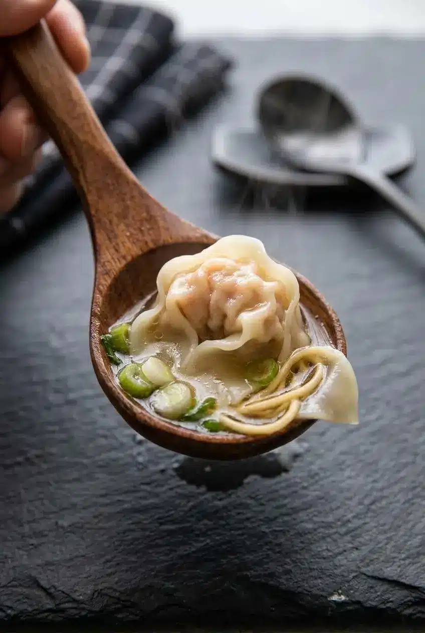 Close-up of a cooked pork and shrimp wonton on a ceramic spoon in shimmering clear chicken broth.