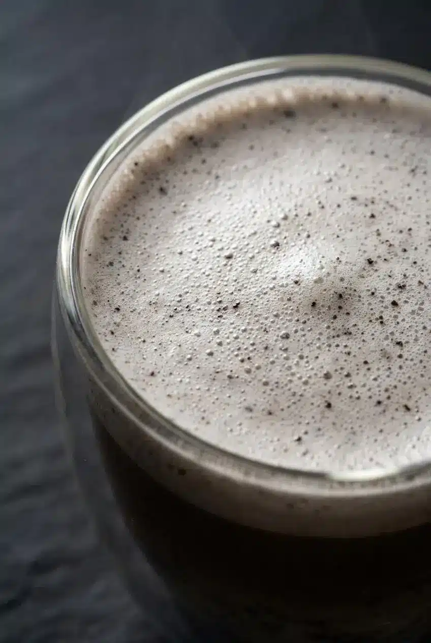 Close-up of smooth, pale grey microfoam delicately speckled with finely ground chocolate cookie crumbs.