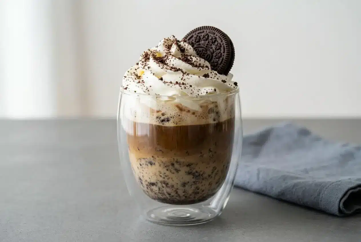 Warm cookies and cream latte topped with velvety whipped cream and chocolate cookie crumbs in a glass mug.